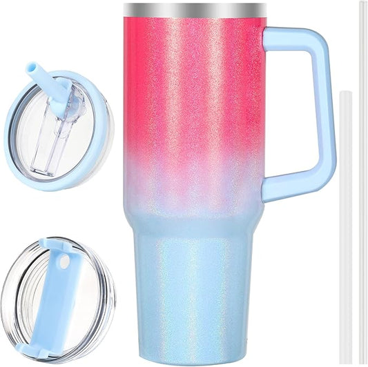 40 oz Tumbler with Handle and Flip Straw Lid, Vacuum Insulated Leak Proof Double Walled Stainless Steel Glitter Travel Mug Tumblers, Maintains Cold Ice and Heat for Hours(Pink Blue Gradient) - Bloomnest