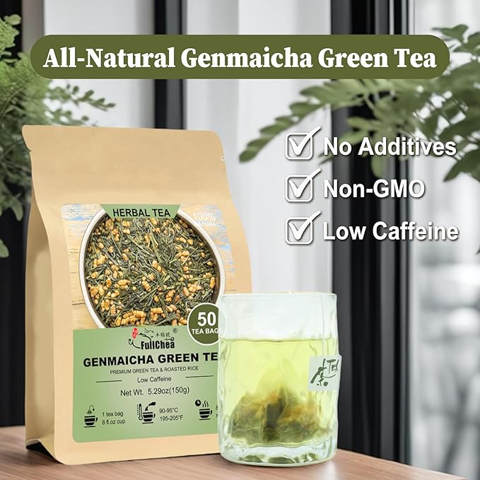 FullChea - Genmaicha Tea bags, 50 Teabags - Genmaicha Green Tea with Roasted Rice, Nutty & Refreshing - Low Caffeine - Soothing & Digestive, Perfect for Daily Relaxation - Bloomnest
