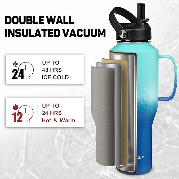 Water Bottle 40oz, Insulated Water Bottle with Handle & Straw Lids, Stainless Steel Water Bottle Fits in Any Car Cup Holder, Travel Cup Double Wall BPA-Free Leak-proof to Keep Cold &Hot - Bloomnest
