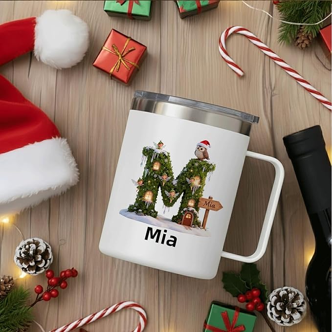 Personalized Fairy Mug | Custom Enchanted Initial Insulated Coffee Cup with Handle & Lid | 12oz Magical Holiday Tumbler,Gift for Girls & Kids (B31) - Bloomnest