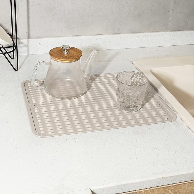 Silicone Dish Drying Mat for Multiple Usage,Easy clean,Eco-friendly,Heat-resistant Silicone Mat for Kitchen Counter or Sink,Refrigerator or drawer liner Tapioca L 16 inches x 12 inches - Bloomnest