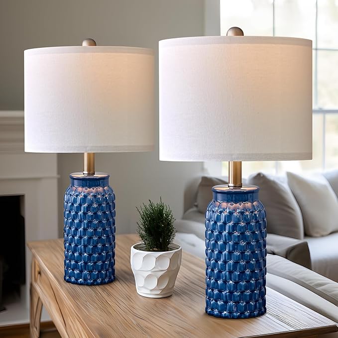 20.5 inches Modern Ceramic Dark Blue Bedside Lamp Set of 2 for Bedroom Decor Farmhouse Table Lamp for Living Room Office Dorm - Bloomnest