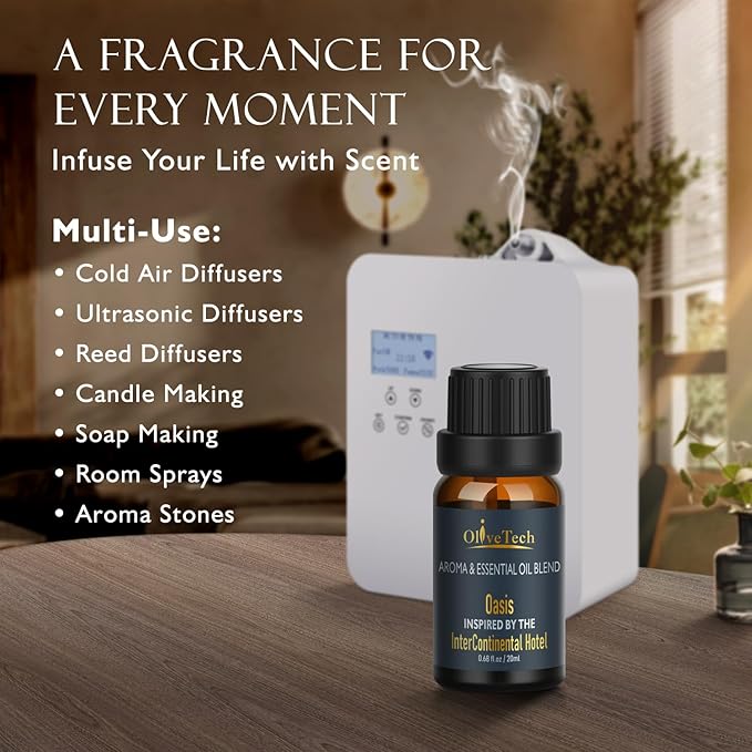 Hotel Diffuser Oil 20ml – Inspired by Intercontinental Hotel Oasis Scent, OliveTech Aromatherapy Fragrance Oil for Cold Air & Ultrasonic Diffusers, Glass Bottle (0.68 fl oz) OliveTech