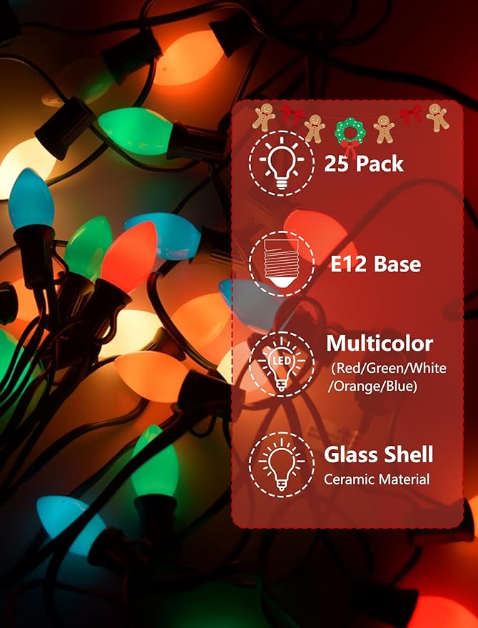 SUNSGNE Christmas Replacement Light Bulbs, C7 LED Ceramic Glass Multicolor Christmas Bulbs, 25 Pack, C7/E12 Candelabra Base, 0.6 Watt - Bloomnest