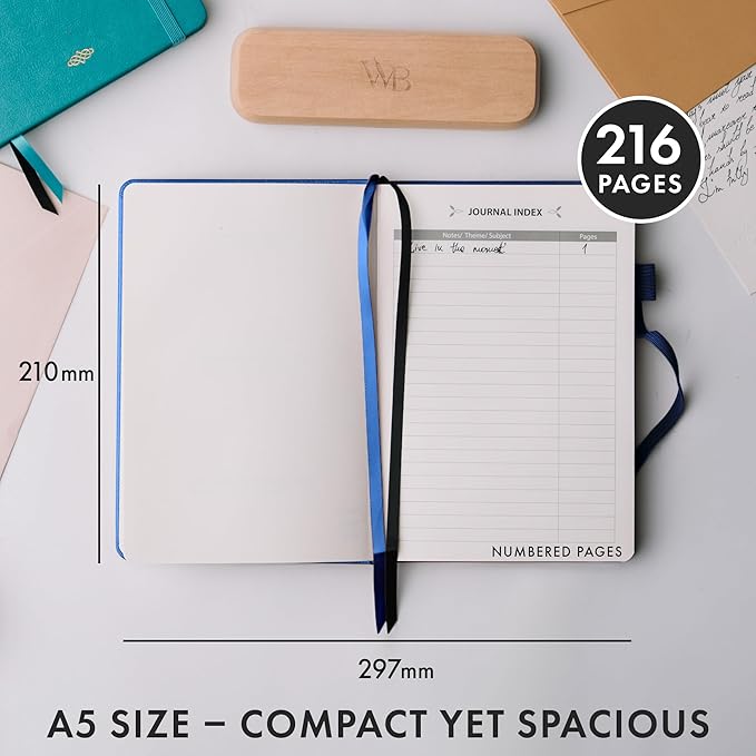 Wordsworth & Black A5 Lined Journal 216 Lined Pages, Hardcover Leather, 120 GSM Paper, Journaling Notebook for Work & Sketching, Journals for Women, Men - Gifts Box Included Blue - Bloomnest