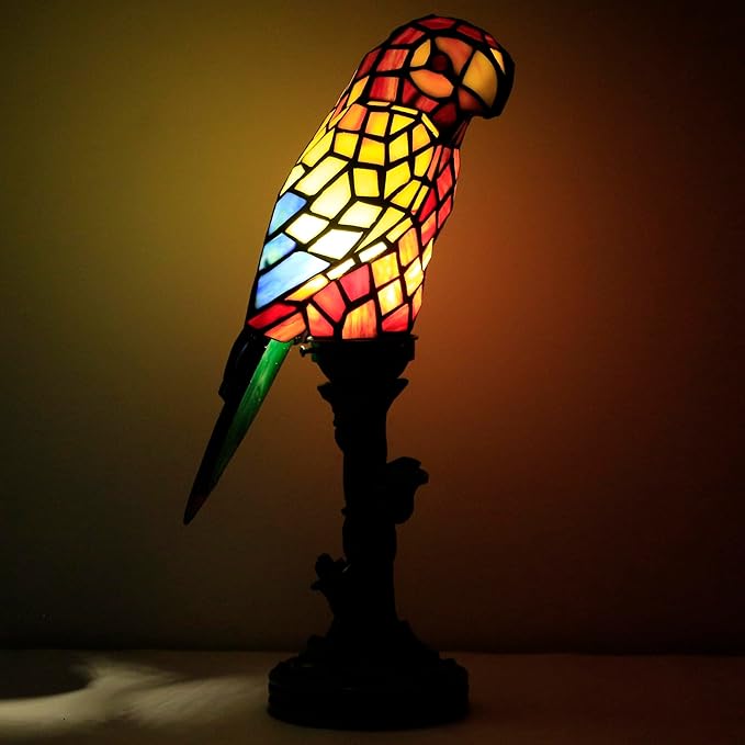 Small Tiffany Lamp Parrot Table Lamp Stained Glass Accent Lamp 15.3 Inch Tall Mini Desk Bedside Night Light for Kids Bedroom (Red) - Bloomnest