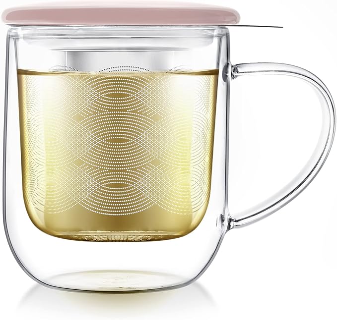 Teabloom Tea-For-One Steeping Mug – Insulated Double Wall Glass Mug (12 oz), Stainless Steel Infuser, Porcelain Lid/Coaster – Great For Brewing Loose Leaf Tea - Bloomnest