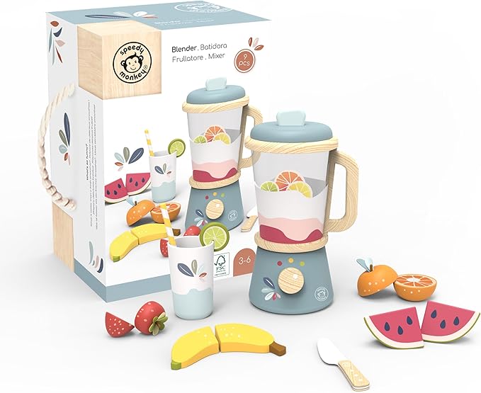 SPEEDY MONKEY Smoothie Maker Blender Set - FSC Wooden Food Blender Toy for Kids, Pretend Play Kitchen Appliance, Role Play Toy Mixer for Toddlers, Fun Fruity Smoothie Playset to Make a Healthy Shake - Bloomnest