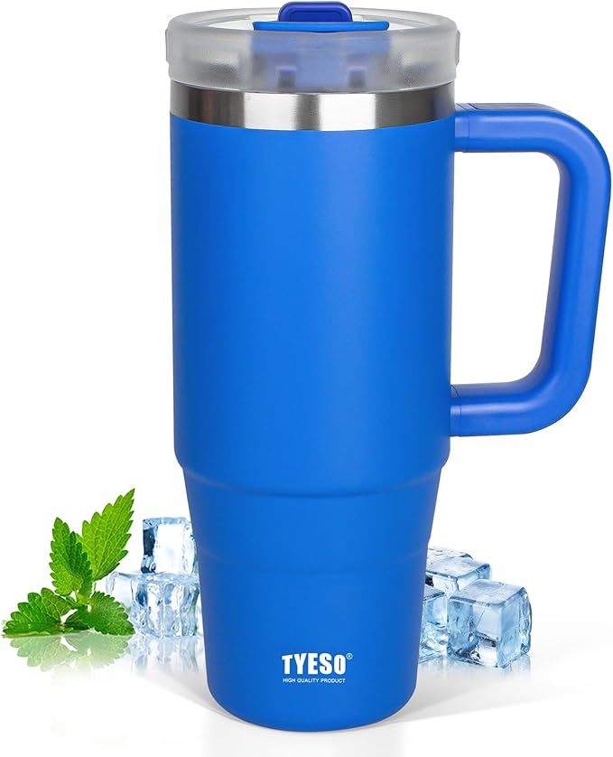 Tyeso 40 oz Tumbler with Handle, Straw and Lid - Leak Resistant Insulated Stainless Steel Water Bottle, Car Cup Holder Friendly Travel Coffee Mug Blue - Gifts for Men & Women - Bloomnest