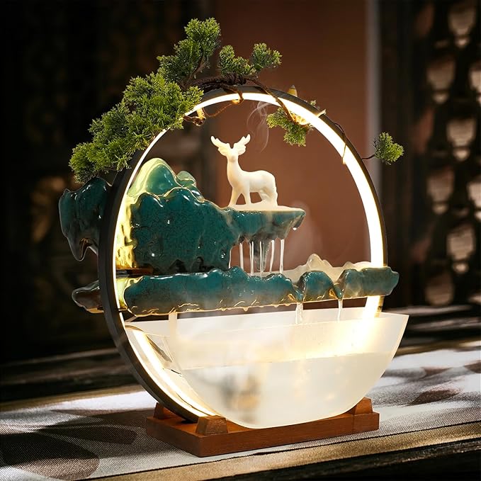 Tabletop Decoration Water Fountains Indoor Waterfall Fountains Humidifie with LED Light and Atomizer, Japanese Zen Decor for Meditation Fake Plants Bonsai Gift Feng Shui Decor - Bloomnest