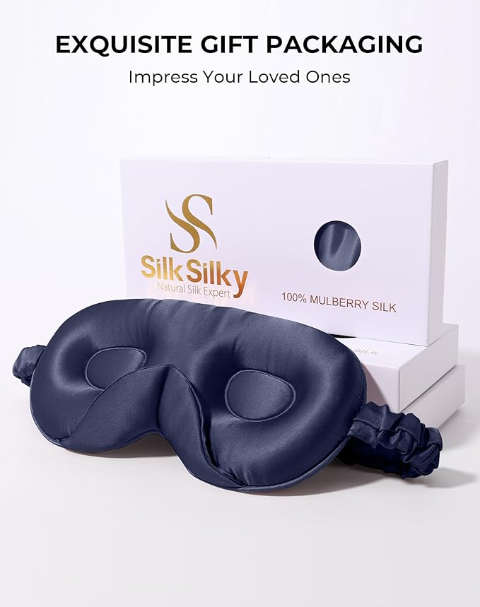SilkSilky 100% 22 Momme Mulberry Silk Sleep Mask – Upgraded 3D Contoured Eye Mask with Nose Wing Pads & Adjustable Strap, Luxury Blackout Eye Cover for Women & Men (Dark Blue) - Bloomnest