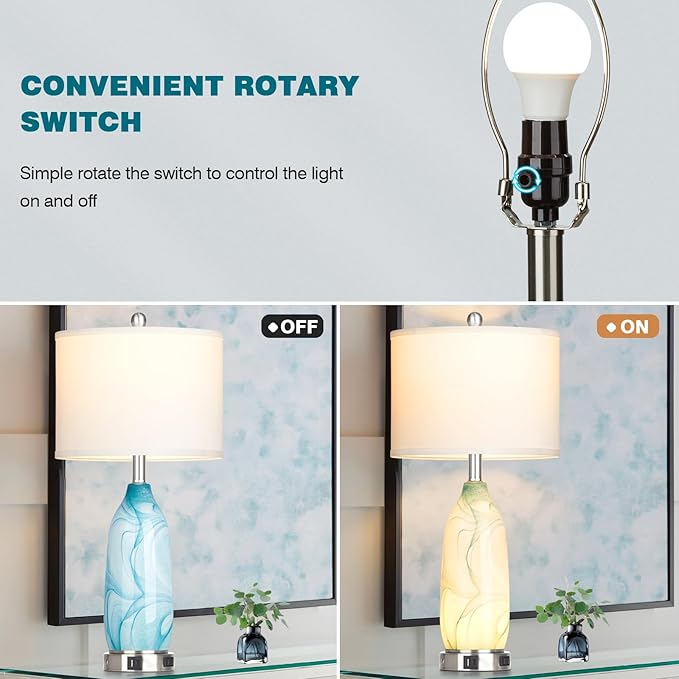 26" Coastal Table Lamps Set of 2, Modern Table Lamps with USB A+C Ports & AC Outlet, Touch Control Glass Bedside Nightstand Lamp with Night Light for Living Room Bedroom End Table Blue(Bulbs Included) - Bloomnest