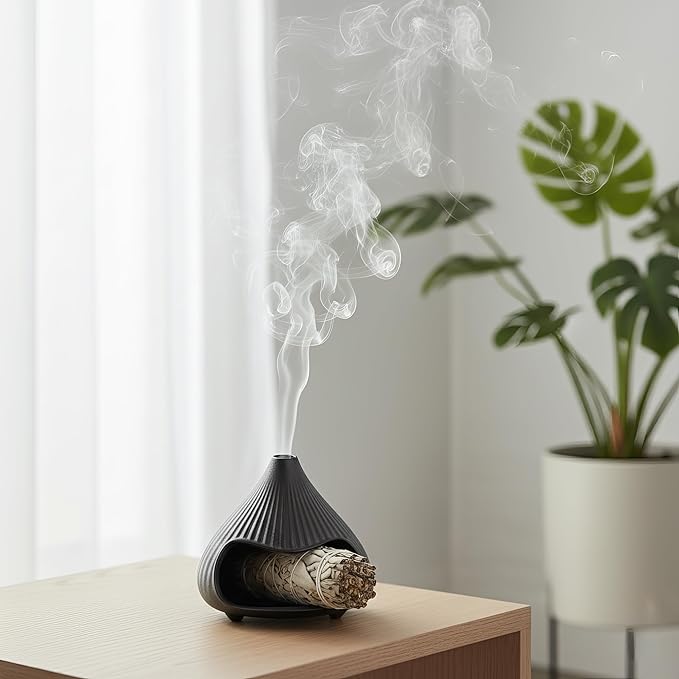 Retro Ceramic Palo Santo Holder, Sage Smudge Burner, Mini Fireplace Mount Fuji Chimney Incense Ash Catcher, Boho Zen Meditation Home Decor Gift (Matte Black) Bloomnest