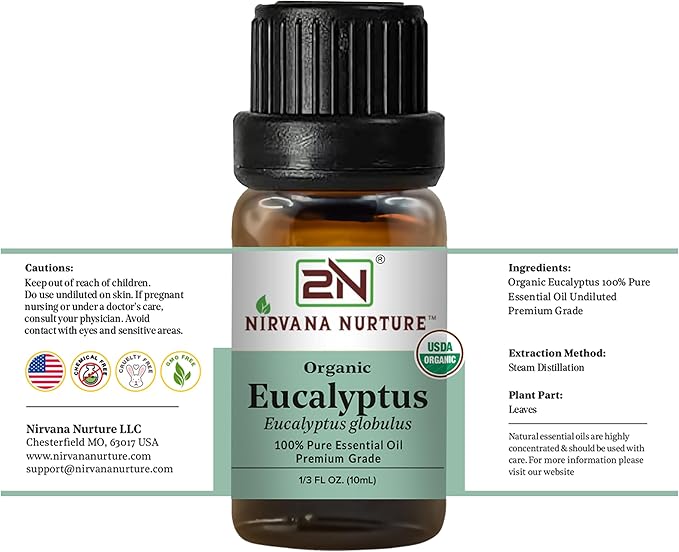 Eucalyptus Essential Oil, USDA Certified Organic, 100% Pure Undiluted, Aromatherapy Oil for Diffuser, Hair & Skin Care