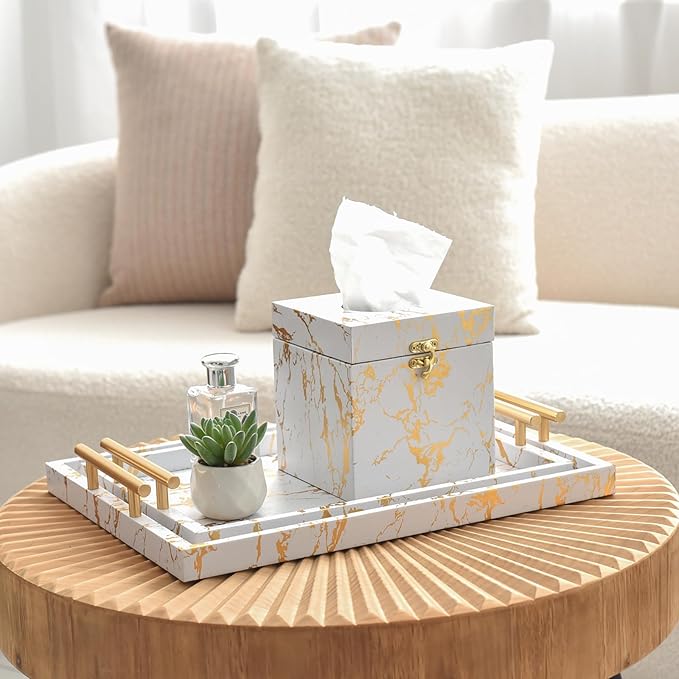 Modern Decorative Tray Set of 2 - White and Gold Marble Wood Serving Tray with Gold Polished Metal Handles for Ottoman, Coffee Table, Bathroom and More - Bloomnest