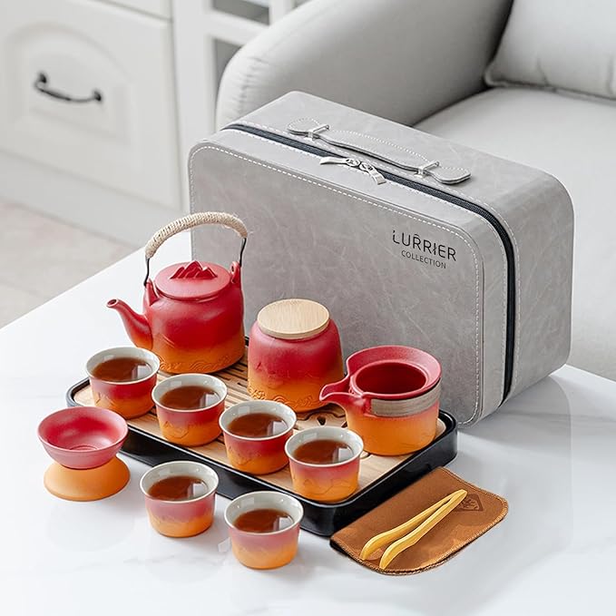 LURRIER Gongfu tea sets, Portable Ceramic TeaSet, Asian Tea sets for adult, Tea Gift sets, Grey leather case, Portable Travel Bag,Home,Gifting,Outdoor and Office(Red and Orange) - Bloomnest