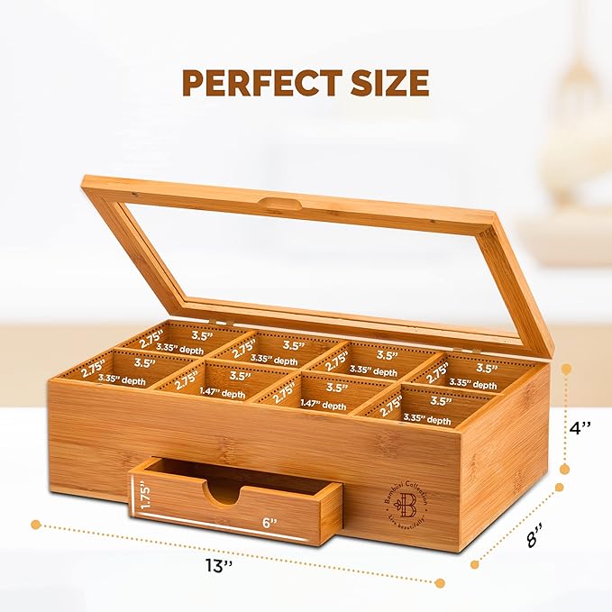 Bambüsi Tea Box Organizer with Drawer - 8 Compartment Bamboo Wooden Tea Storage Chest with Acrylic Window & Magnetic Lid - Tea Accessories & Gift Set for Women, Birthdays, House Warming Gifts New Home - Bloomnest