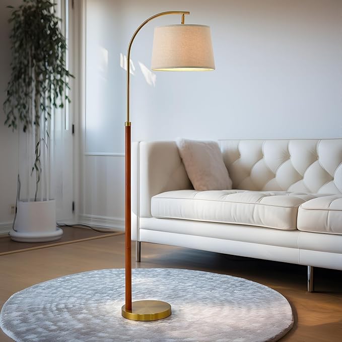 62.5" Wood Floor Lamp for Living Room Gold with Foot Switch Arc Standing Tall Lamps for Bedroom Mid Century Modern Corner Floor Lamps for Office Nursery Industrial Reading Light Room Lamp - Bloomnest
