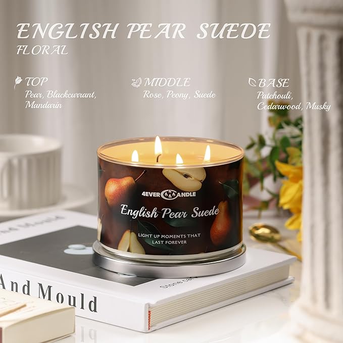Over 50 Hours Jar Candle - 4-Wick Long-Lasting Scented Candles, 18oz Natural Soy Wax Candle for Home, Candle Gifts for Women & Men, English Pear Suede - Bloomnest