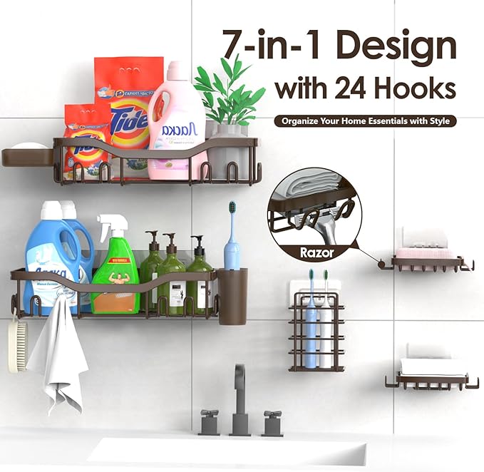 Shower Caddy Adhesive Shower Organizer 7-Pack, Rustproof Stainless Steel Bathroom Shelves, Large Capacity No-Drill Rack Storage Accessories with Soap Dish Toothbrush Holder Hooks - Bloomnest