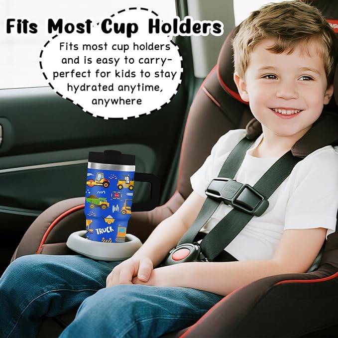 Construction Tumbler with Handle Straw for Kids 14oz, Insulated Stainless Steel Cup for Boys, Birthday Christmas Back to School Gifts for Kids Boys - Bloomnest