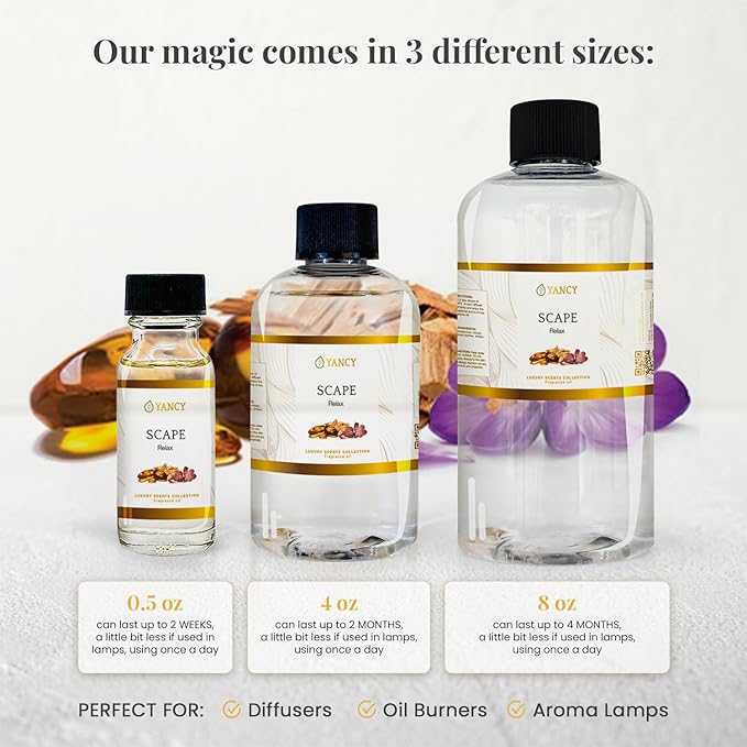 YANCY Scape Luxury Collection Fragrance Oil (4 oz), Sandalwood and Amber Scent, Versatile Aroma for Diffusers, Oil Burners & Aroma Lamps, Premium Fragrance Oil for Relaxing Home Ambiance YancySpa