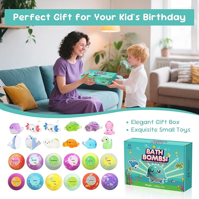 Bath Bombs for Kids with Surprise Inside, 12pcs Bath Bombs with Toys Inside, Natural and Organic Colorful Bubble Bath Fizz Ball, Gift Set for Birthday, Halloween, Christmas for Boys and Girls - Bloomnest