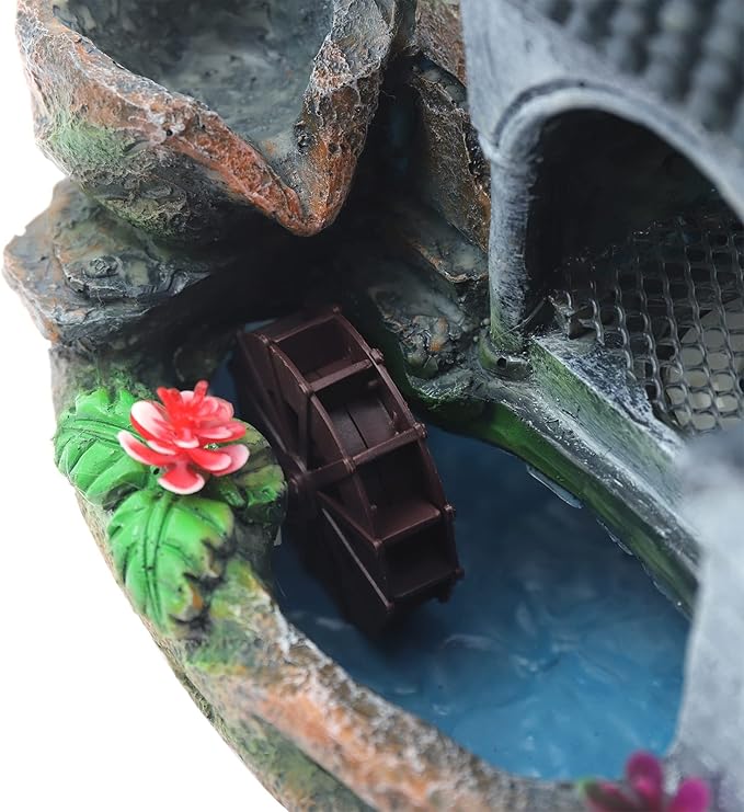 Rockery Tabletop Fountain, Chinese Feng Shui Waterfall Desktop Water Fountain Decor with LED Light, Rockery Tabletop Decoration with Windmills, Plant for Office, Home, Bedroom Desk Decoration