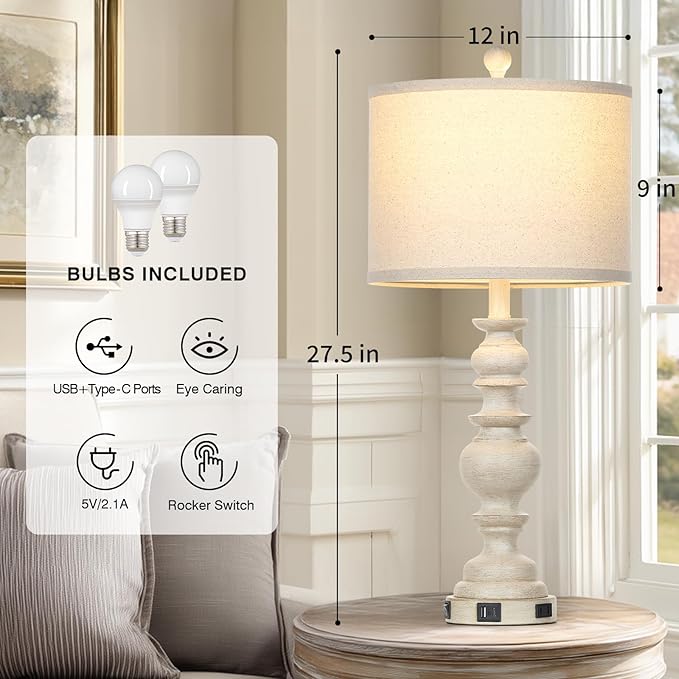 27.5" Beige Farmhouse Table Lamps for Living Room, Rustic Bedside Lamps with USB C+A Ports & AC Outlet, Vintage Bedroom Lamp Set of 2, Tradition Night Stands Lamp for Side End Table Desk - Bloomnest