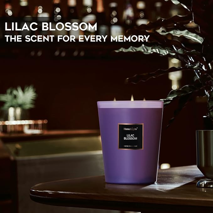 HomeLights Highly Scented Soy Candles Big 33.3 oz for Home. 3 Cotton Wicks, Smokeless Long Lasting 130 hrs in Lilac Blossom. 5x6, Great Gift for Women & Men - Bloomnest