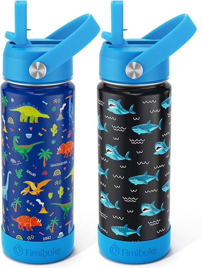 Fimibuke Kids Insulated Water Bottle, 18oz BPA FREE Kids Cups with Straw Double Wall Vacuum Tumbler 18/8 Stainless Steel Leak Proof Toddler Water Bottle for School Boys Girls (2 Pack, Dinosaur/Shark) - Bloomnest