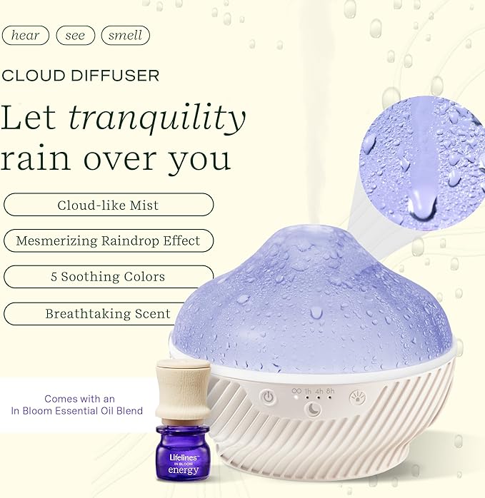 Lifelines Cloud Ultrasonic Essential Oil Diffuser with Essential Oil Blend, 300ml - Aromatherapy Diffuser with Soothing Mesmerizing Raindrop Effect & Auto-Shutoff Feature - Home & Bedroom Essentials LifeLines