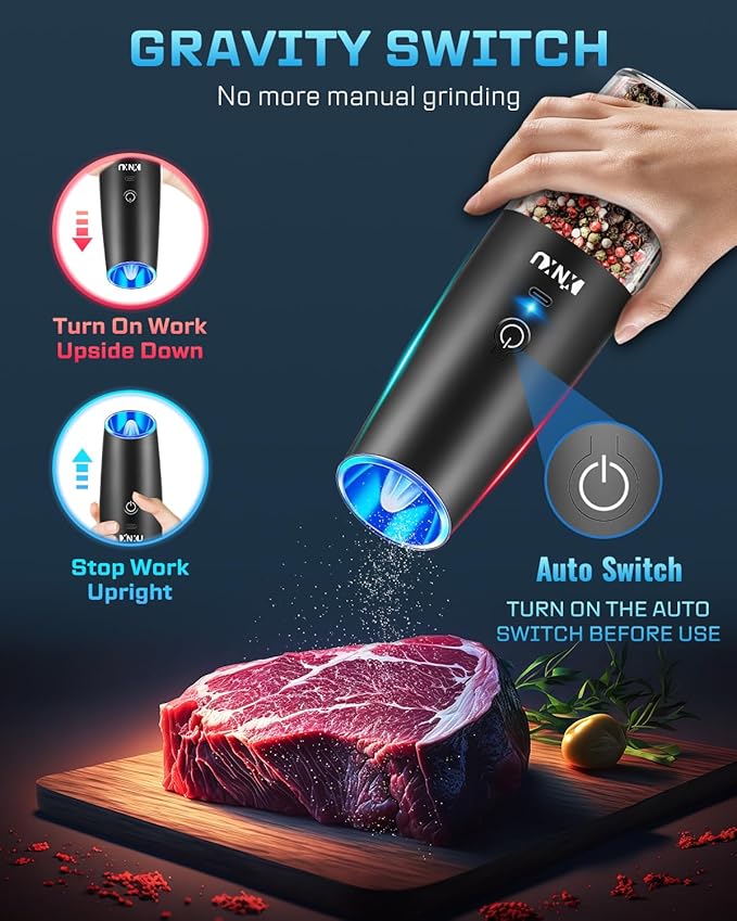 XinXu Gravity Electric Pepper and Salt Grinder Set, Adjustable Coarseness, with LED Light, One Hand Automatic Operation (Rechargeable Set/Black X) - Bloomnest