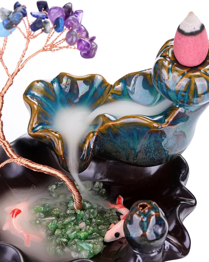 Jovivi Backflow Incense Burner Ceramic Incense Waterfall,7 Chakra Stones Healing Crystal Money Tree Incense Holder for Wealth, Good Luck, Yoga Meditation, Home Decor - Bloomnest