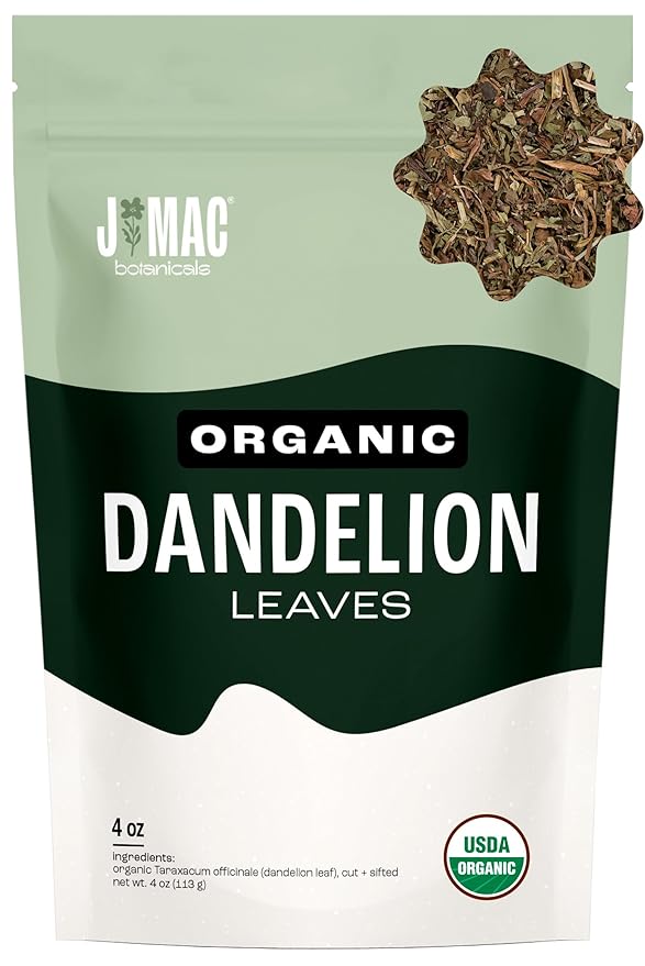 J Mac Botanicals, Organic Dandelion Leaves (4 oz bag) USDA Certified Organic Dandelion leaf tea, te diente de leon organico, Packaged in the USA, Cut and Sifted, No Caffeine - Bloomnest