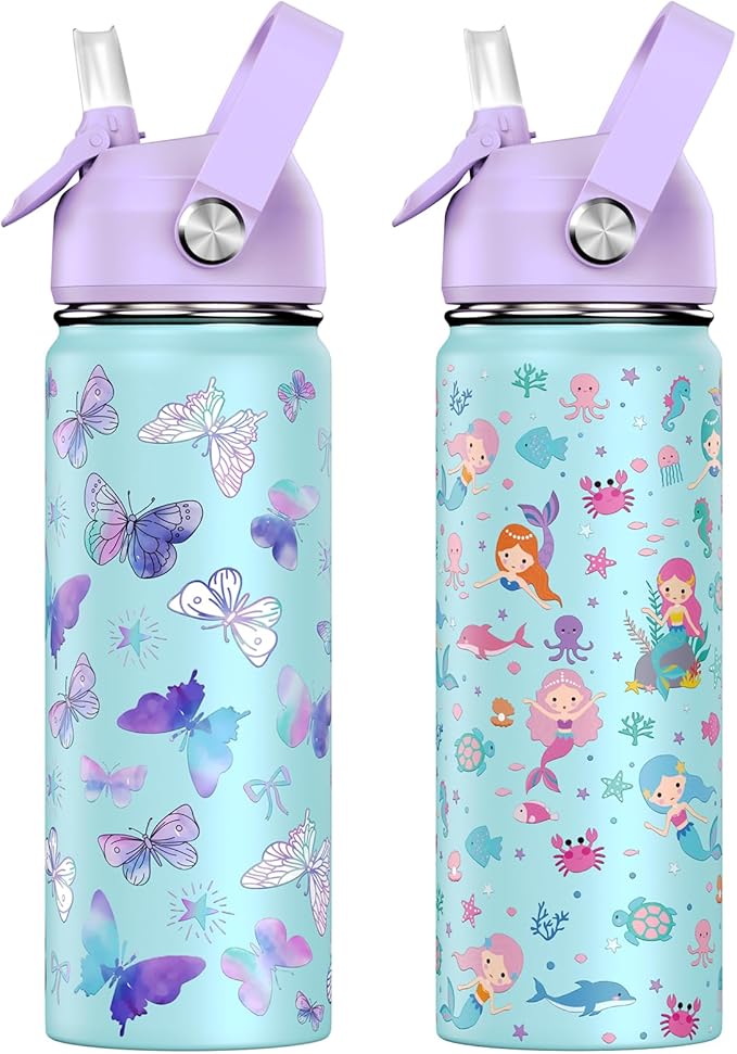 18oz Kids Insulated Water Bottle with Straw Lid - 18/8 Stainless Steel Kid Cup Travel Tumbler Double Wall Vacuum Leak Proof Portable Toddler Water Bottle (Butterfly+Mermaid） - Bloomnest