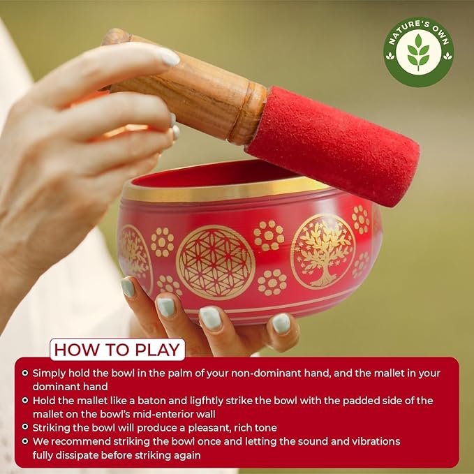 Nature’s Own Buddhist Tibetan Singing Bowl for Meditation - Authentic Metal OM Sound Bowl, Tibetan Prayer Instrument with Wooden Stick, Red 3.5 Inches - Deep Resonance for Healing & Relaxation - Bloomnest