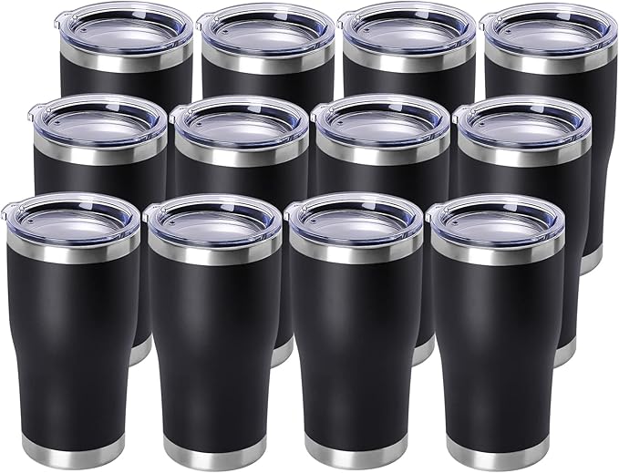 DOMICARE 20oz Tumbler with Lid Stainless Steel Tumblers Bulk, Double Wall Vacuum Insulated Coffee Travel Mug Powder Coated Tumbler, 12 Count (Pack of 1) Black