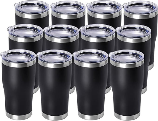 DOMICARE 20oz Tumbler with Lid Stainless Steel Tumblers Bulk, Double Wall Vacuum Insulated Coffee Travel Mug Powder Coated Tumbler, 12 Count (Pack of 1) Black