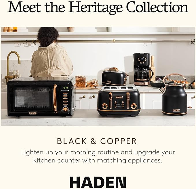 Haden Heritage 1.7 Liter Stainless Steel Electric Kettle, Hot Water Tea Kettle with 360-Degree Base and Auto Shutoff, Black & Copper - Bloomnest