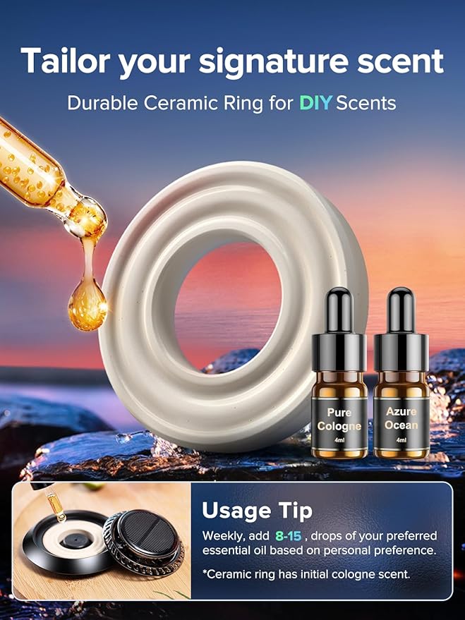 Ceeniu Solar Car Air Freshener F21, DIY Essential Oils, UFO Solar-Powered Auto Rotary Diffuser, Natural French Fragrance Cologne & Ocean, Two Oils, Aluminum Alloy, Dashboard Aromatherapy Freshener - Bloomnest