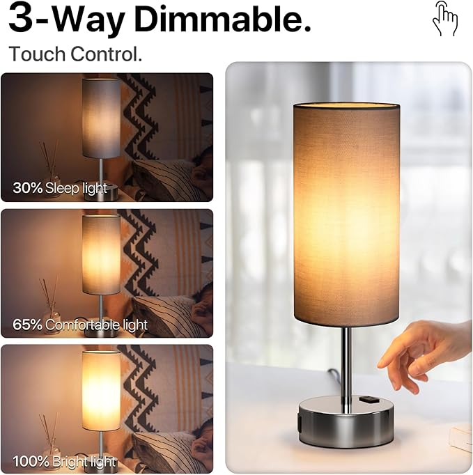 KPQ Small Bedside Lamp Touch Control Table Lamp with USB A+C Charging Ports & AC Outlet 3-Way Dimmable Nightstand Lamp with Linen Fabric Shade for Bedroom Living Room - Bloomnest