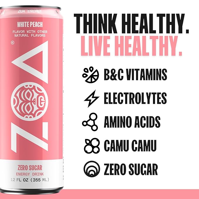 ZOA Zero Sugar Energy Drinks, White Peach - Sugar Free with Electrolytes, Healthy Vitamin C, Amino Acids, Essential B-Vitamins, and Caffeine from Green Tea - 12 Fl Oz (12-Pack) - Bloomnest