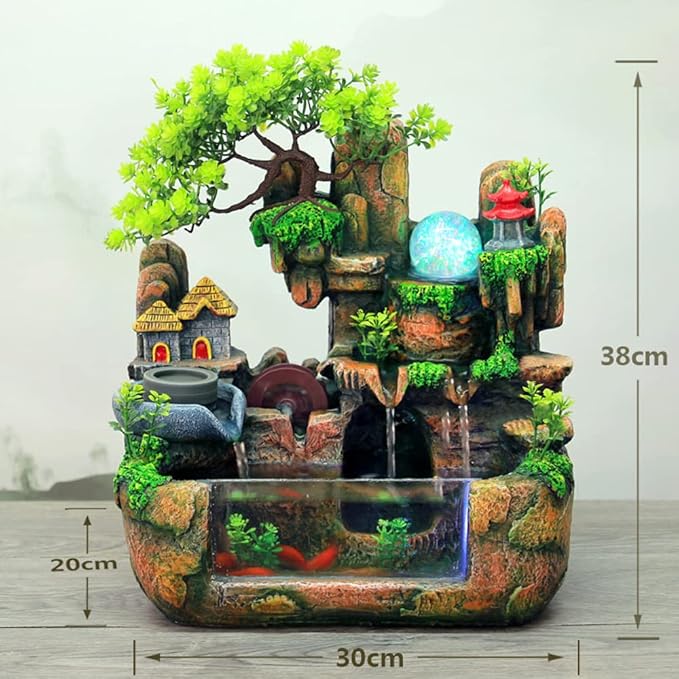 Tabletop Fountain Resin Indoor Home Decoration, 12LED Color Lights Waterfall Fountain 110V Desktop Fountain, with Atomizer, Small pots and Fish Tanks, Rockery Water Fountain for Bedroom Relaxation.