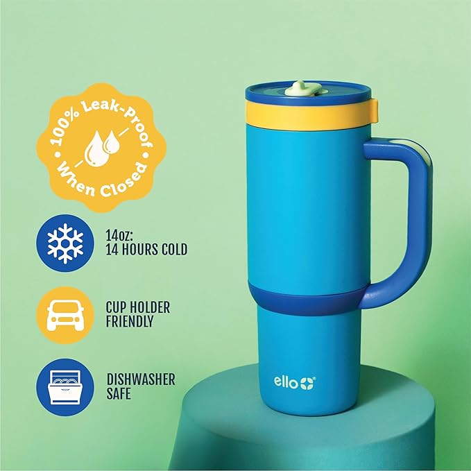 Ello Oasis 14oz Stainless Steel Toddler Tumbler with Handle & Retracting Straw, 100% Leakproof, Double-Wall Vacuum Insulated, Kids Water Bottle for School, BPA Free, Dishwasher Safe, Glacier - Bloomnest