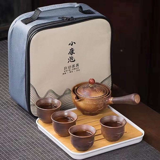 Ceramic Portable Travel Tea Set, Chinese Kungfu Tea Set with 360 Rotation Teapot and Infuser, 4 Tea Cups, Tea Tray And Travel Bag (Carved Dragon)