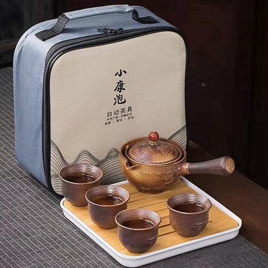 Ceramic Portable Travel Tea Set, Chinese Kungfu Tea Set with 360 Rotation Teapot and Infuser, 4 Tea Cups, Tea Tray And Travel Bag (Carved Dragon)