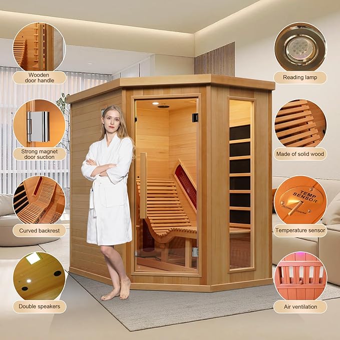 Smartmak Far Infrared Sauna Room with Recliner, 1 Person Indoor Canadian Hemlock Sauna Room, Carbon Crystal Heating Panel and Heating Tubes, 7 Color Light, Oxygen Bar, Bluetooth Speaker (220V, 2300W) Smartmak