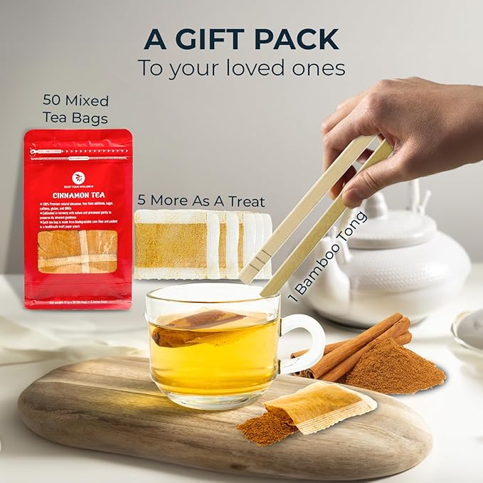 Cinnamon Tea Bags - 55 Count (+5 Tea Bags) Bamboo Tong Included - 5.11 oz, Re-Steep Warm & Spicy Heat Herbal Tea, Calm Stomach & Detox, Support Body, Strength and Health, Cinamon - Bloomnest