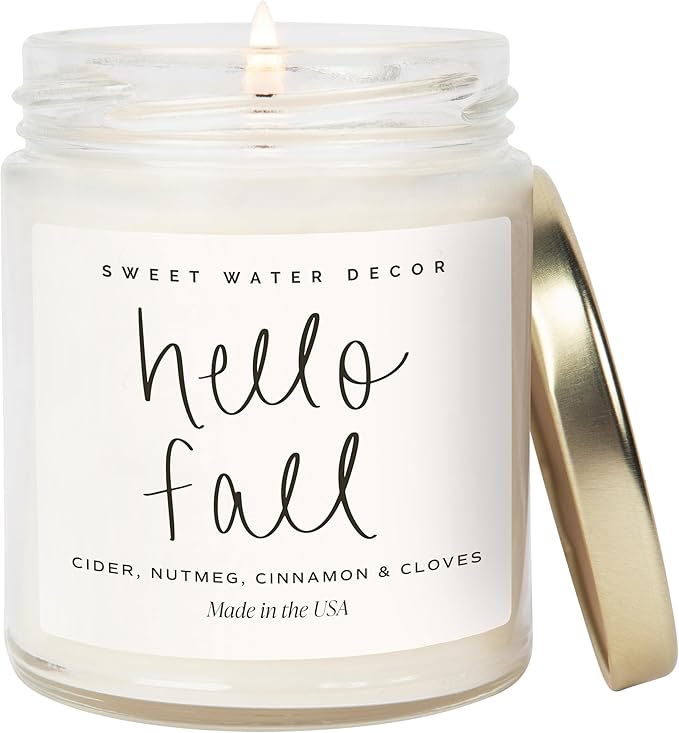 Sweet Water Decor Hello Fall Candle - Cinnamon Apples & Clove Autumn Fall Scented Candle for Home Decor - 100% Cotton Wick Soy Wax Candles with 40 Hour Burn Time - Made in The USA - 9oz Clear Jar - Bloomnest